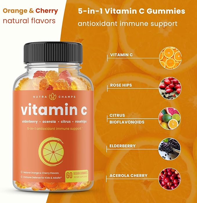 Vitamin C Gummies for Adults & Kids | 5-in-1 Immune System Support with Elderberry, Rosehips, Citrus Bioflavonoids & Acerola Cherry | Vegan VIT C Immunity Booster Supplement Chewable Gummy (2 Pack)