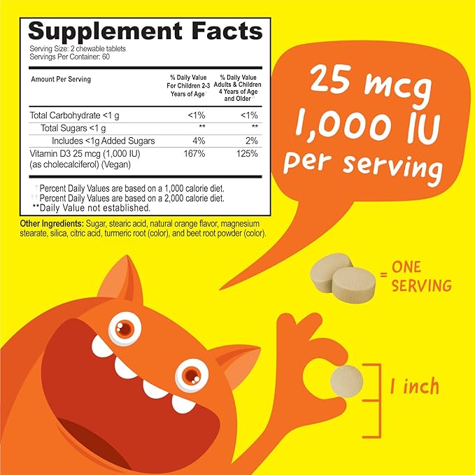 Kids Vitamin D 1000 IU Chewable Tablets - Tasty Natural Orange Flavor - Vegan, GMO-Free, Gluten Free, Nut Free Vitamins - Dietary Supplement for Immune Support - for Children - 120 Chewables