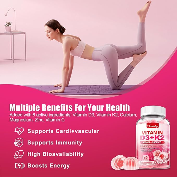 Vitamin D3 K2 Supplement for Adults - Vitamin D3 5000 IU + K2 200 mcg - Vit D3 K2 Gummies with Calcium 600mg Magnesium Zinc & Vitamin C for Women Men - Supports B0ne, Muscle Immune - 120 Count