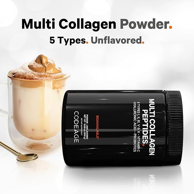 Codeage Multi Collagen Peptides Powder + Probiotics Black Edition, Vitamin C, Hyaluronic Acid Powder Supplement, Grass-Fed, Hydrolyzed, Zero Carbs, Type I, II, III, V & X, Unflavored, 10.58oz