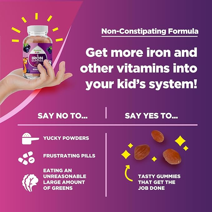 Tasty Kids Multivitamin with Iron Gummy - Gentle Iron Gummies for Kids and Toddlers with Vitamin C and B Complex - Non Constipating Iron Supplements for Kids - Vegetarian Non GMO Kosher Gluten Free
