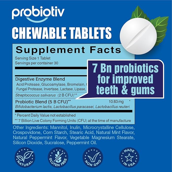 Oral Probiotics for Mouth Bad Breath 7 Billion CFU – Chewable Dental Probiotic for Teeth and Gums & Fresh Breath, Combats Dry Mouth, Halitosis & Supports Gut Health (60 Count (Pack of 1))