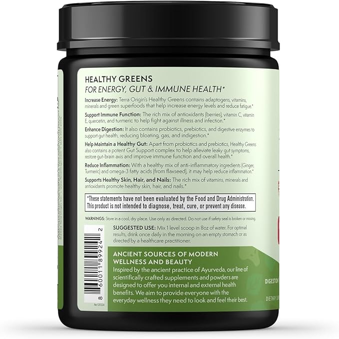 TERRA ORIGIN Healthy Greens Powder, Superfoods, Probiotics, Enzymes, Immune & Digestive Support, Energy & Wellness Boost, Gut Health, 30 Servings (1-Pack, Kiwi Strawberry)