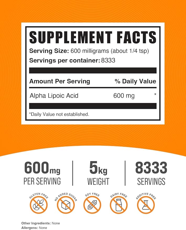 BulkSupplements.com Alpha Lipoic Acid Powder - ALA Supplement, Alpha Lipoic Acid 600mg - ALA Powder, Gluten Free - 600mg of Alpha-Lipoic Acid per Serving, 5kg (11 lbs) (Pack of 5)