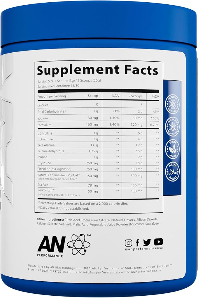 AN Performance Pre-Workout Powder Supplement for Men & Women | Energy Drink Mix with 300mg Caffeine + Beta Alanine + Citrulline | Third-Party Tested | Lemon Freeze | 30 Servings