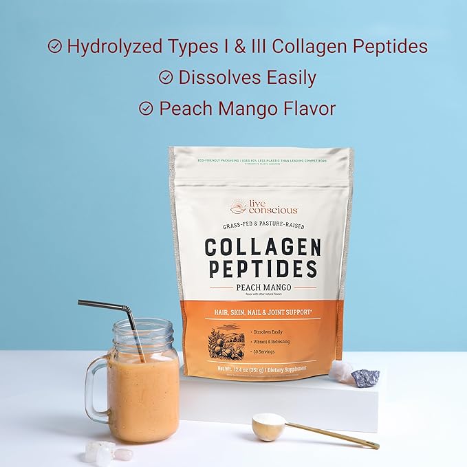 Live Conscious Collagen Peptides Powder - Peach Mango Flavored Collagen Powder - Hair, Skin, Nail, & Joint Support - Type I & III Grass-Fed Collagen Supplements for Women and Men - 30 Serving - 12.4oz