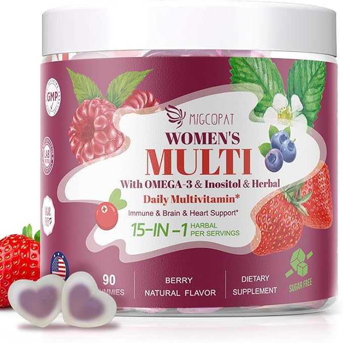 Womens Multivitamin Gummies with Prebiotics, Omega-3, Inositol, FOS, Vitamins A, C, D3, E, B12 – Sugar-Free Daily Support Heart, Brain Health, Gut, Digestion, Energy, Immune, Berry Flavor