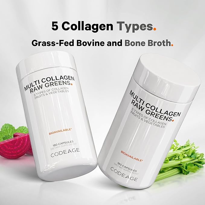 Codeage Multi Collagen Protein + Organic Raw Greens Superfood Capsules Supplement, 21 Fruits & Veggies, Grass-Fed Hydrolyzed Collagen Peptides, 5 Types All-in-One, 180 Count
