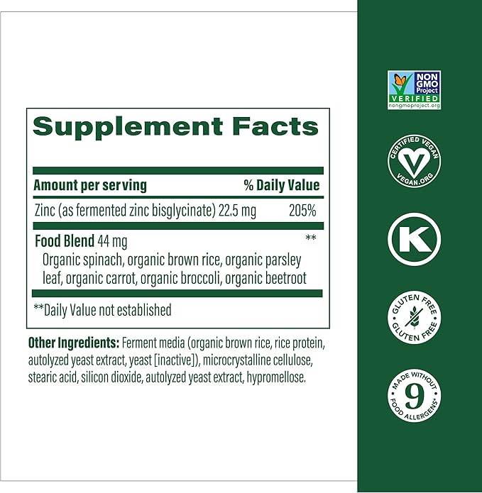 MegaFood Zinc Supplements - Vegan Immune Support Supplement With 22.5 mg High Potency Fermented Zinc - Made With Real Food - Gluten-Free, Kosher - 60 Tablets, 60 Servings