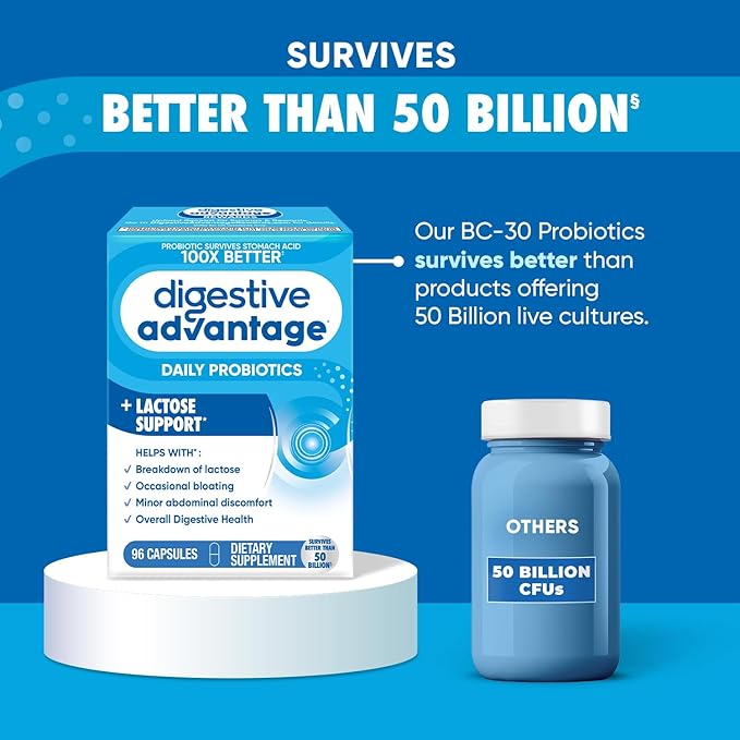 Digestive Advantage Lactose Defense with Lactase Enzymes & Probiotics for Digestive Health, Support for Breaking Down Lactose, Minor Abdominal Discomfort & Gut Health, 96ct Capsules (Pack of 4)