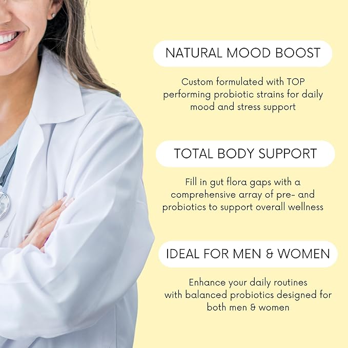 Probiotics 30 Billion CFU - Bifidus Mood Support Supplement w/prebiotics & probiotics for Women and Men - Mood & Digestion Support- Histamine Free - Natural Mood Boost - 60 Days Supply, Non-GMO