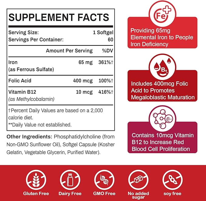 Liposomal Fe Iron Supplement for Women,65 mg Iron Supplement with Folic Acid & Vitamin B12 for Men,Red Blood Cell Production & Energy Support for Adults Iron Deficiency 60 Softgels(6 Bottle)