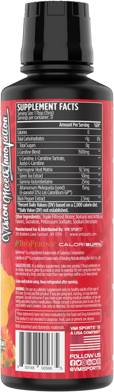 VMI Sports L-Carnitine 1500 Heat Stimulant Free Thermogenic Metabolic Support & Fat Loss for Men & Women | 1500mg L-Carnitine | Convenient Liquid (Gummy Bear)