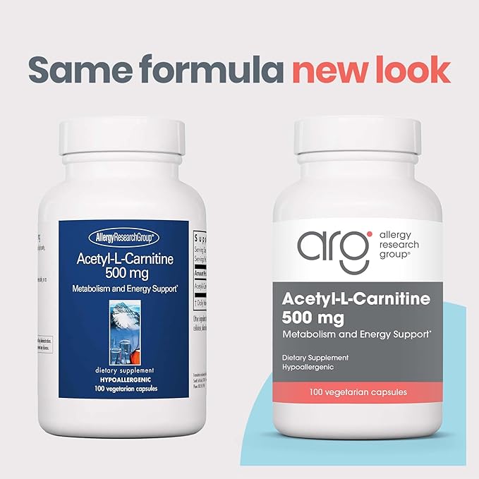 Allergy Research Group Acetyl-L-Carnitine 500mg Supplement - Metabolism and Energy Support, ALC, Free Form Amino Acid, Vegetarian Capsules - 100 Count