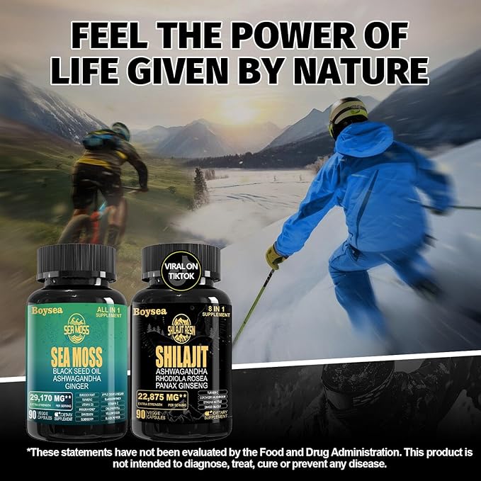 Boysea.Shilajit and Sea Moss Bundle - Sea Moss (7000mg), Ashwagandha (2000mg), Black Seed Oil (4000mg), Ginger & Shilajit (9000mg), Rhodiola Rosea (1000mg) – 90 Count (1 Pack)