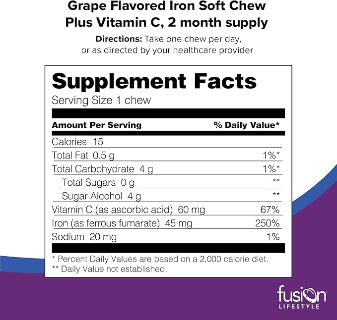 Iron Supplement for Women and Men, Grape Flavored Iron Soft Chew Plus Vitamin C for Iron Deficiency and Anemia, 2 Month Supply, 60 Count