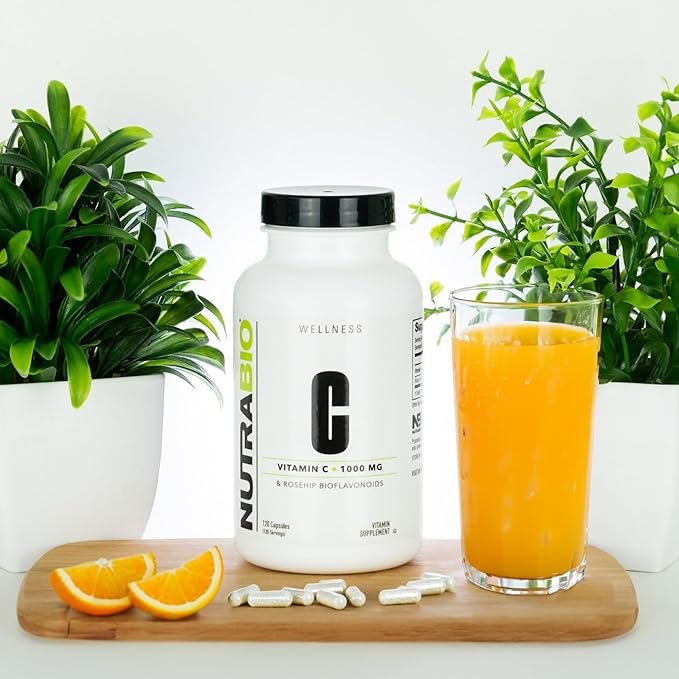 NutraBio Vitamin C with Rose HIPS - Supports Healthy Bones, Teeth and Gums, Immune Function - No Fillers or Excipients - (120 Capsules, 1000mg of Vitamin C per Capsule)
