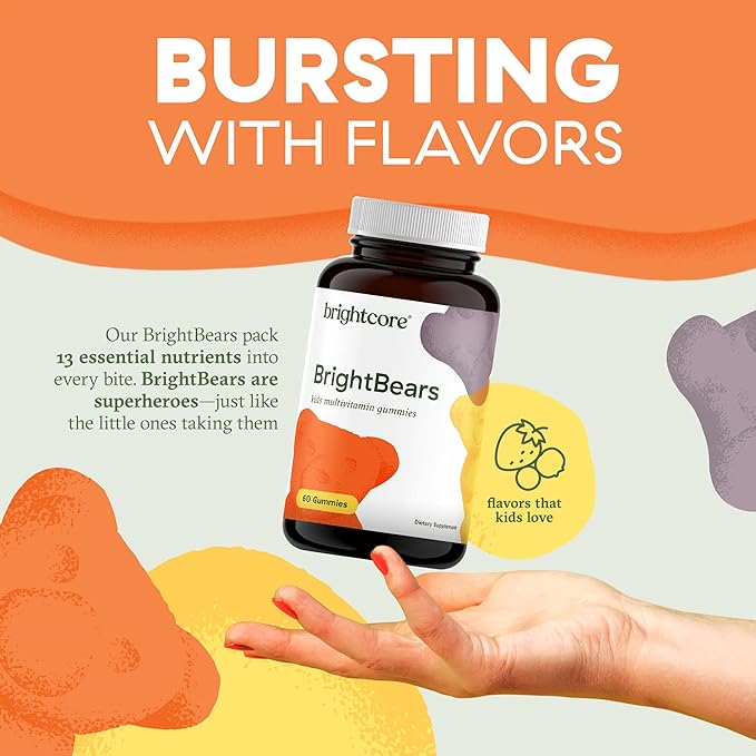 BrightBears Gummy Bear Kids Vitamins with Vitamins A, C, D, E, B6, B12, Biotin, Zinc, Kids Multivitamin Gummies, Multivitamin for Kids, Non-GMO, Gluten-Free, 60 Gummies Nutrition
