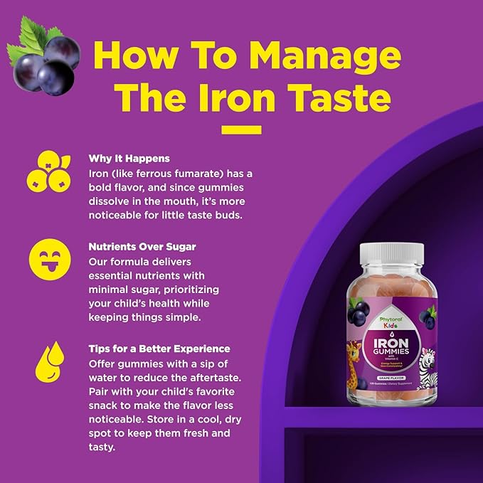 Tasty Kids Multivitamin with Iron Gummy - Gentle Iron Gummies for Kids and Toddlers with Vitamin C and B Complex - Non Constipating Iron Supplements for Kids - Vegetarian Non GMO Kosher Gluten Free