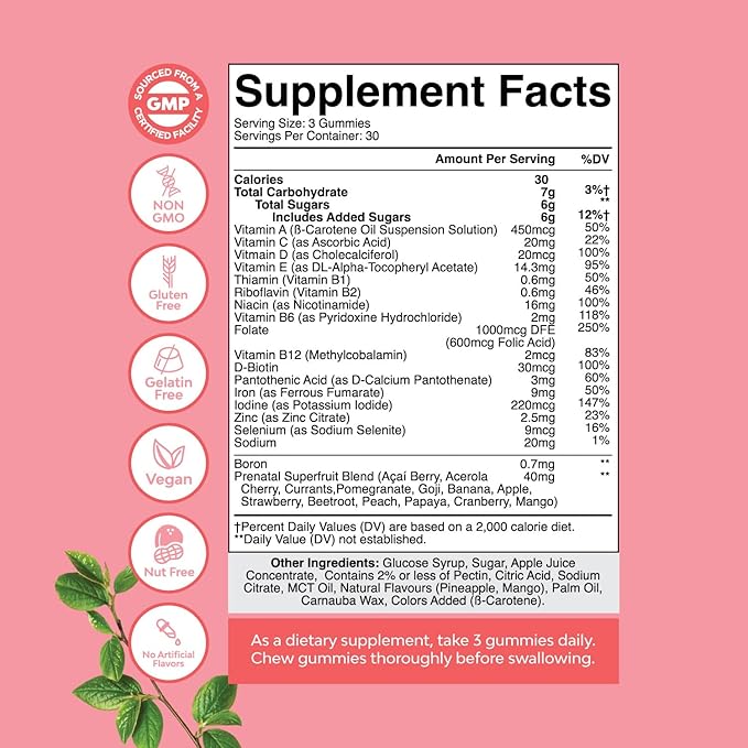 Vegan Prenatal Gummies for Women - Gummy Prenatal Vitamins for Women with Iron Folic Acid and Superfruit Blend - Chewable Prenatal Vitamins for Women Gummy Formula (Pineapple Mango) - 1 Month
