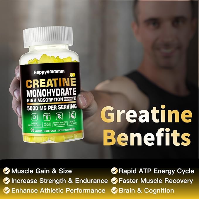 Creatine Monohydrate Gummies 5g for Men Women - Sugar Free Chewable Supplement. 180 Gummies Lemon.