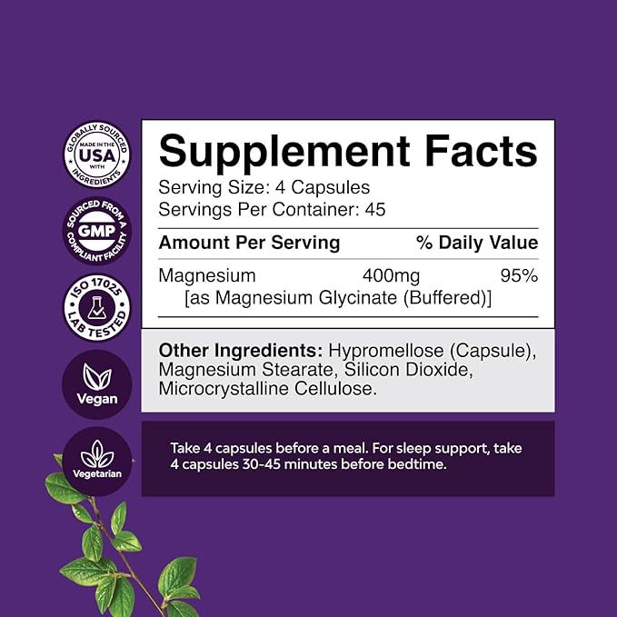 Pure Magnesium Glycinate 400mg Per Serving - Vegan High Absorption Chelated Magnesium Capsules for Women & Men with Elemental Magnesium 400mg for Mood Sleep and Relaxation Support - 45 Servings