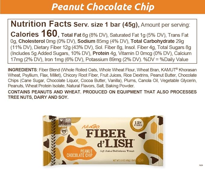 NuGo Fiber d'Lish Peanut Chocolate Chip, 12g High Fiber, Vegan, 160 Calories, 16 Count