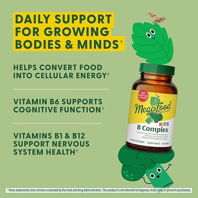 MegaFood Kids B Complex - B Complex Vitamin Supplement, 8 B Vitamins - Vitamin B6, Vitamin B12, Folate, Biotin & More, Supports Cellular Energy Production, Vegetarian, Gluten Free – 30 Mini Tablets