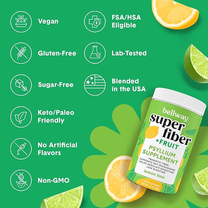 Bellway Super Fiber Powder + Fruit (3 Pack), Sugar Free Organic Psyllium Husk Powder Fiber Supplement for Regularity, Bloating Relief & Gut Health, Non-GMO, Plant-Based, Lemon Lime (150 Servings)