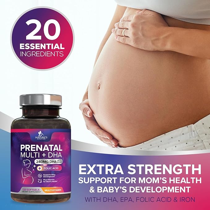 Women's Prenatal Multivitamin with Folic Acid + DHA, Prenatal Vitamin Supplement for Fetal Support w/Folate, Omega 3, Vitamins D3, B6, B12 & Iron, Pregnancy Prenatal DHA, Non-GMO - 120 Softgels