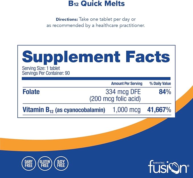 Bariatric Fusion Vitamin B12 Melt | Cherry Berry Flavored Tablets | Dissolves On Your Tongue B 12 Vitamin 1000 mcg and Folic Acid | Vegan B12 Vitamins | Gluten, Dairy & Soy Free | 90 Count