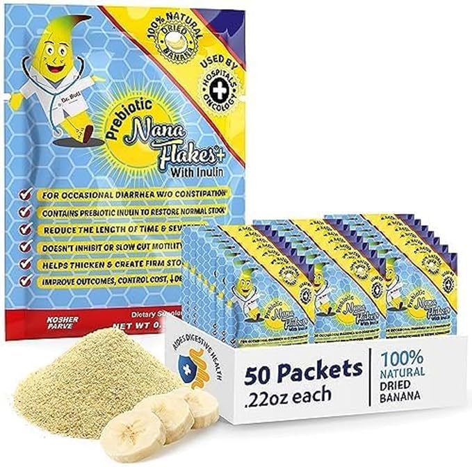 Nutritional Designs Nana Flakes Anti-Diarrheal Banana Powder, IBS Relief & Heart Burn Remedy, 100% Pure Banana Flakes Medical Food - Prebiotic - Natural - High Protein & Fiber (50 Single-Serve Packs)