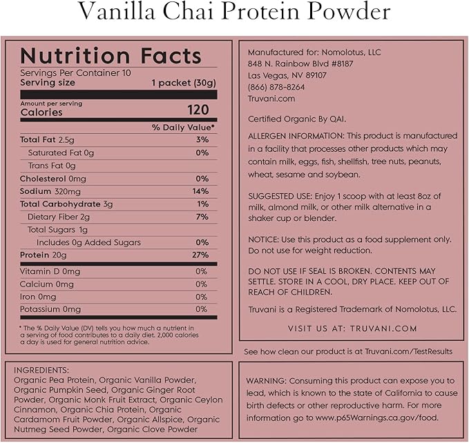 Truvani Vegan Pea Protein Powder | Vanilla Chai | 20g Organic Plant Based Protein | 10 Servings | Keto | Gluten & Dairy Free | Low Carb | No Added Sugar