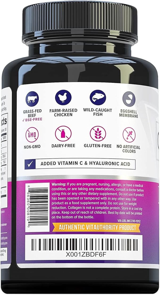 Vitauthority Multi Collagen Pills for Women and Men High Absorption Hydrolyzed Collagen Peptides Capsules for Hair Skin and Nails with Types I II III V X Hyaluronic Acid and Vitamin C - 30 Servings