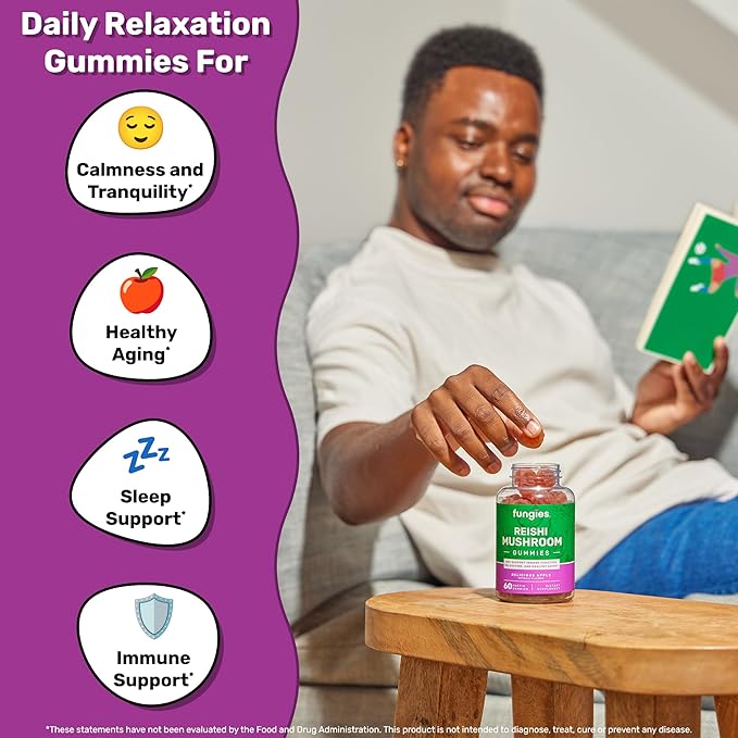 Fungies Reishi Mushroom Gummies, Delicious Apple Flavor - Mushroom Herbal Supplement Gummy for Adults Supports Immune Health, Relaxation & Healthy Aging - Calming Gummies for Sleep - 60 Servings