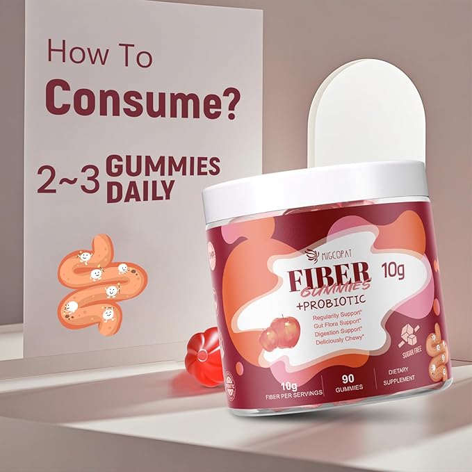 Fiber Gummies with Probiotics,10G Fiber per Serving No Sugar Added Apple Flavor, Fiber with 10 Billion CFU Probiotics Blend, Apple Cider Vinegar, Vitamin C, Inulin, Bloating Support 90 Count