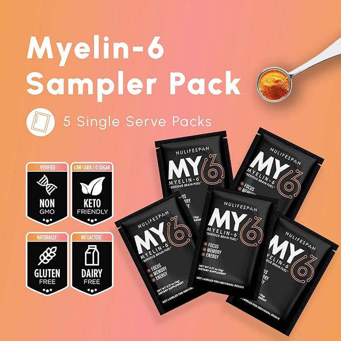 Myelin-6 Sampler Pack, 5 Single Serve Packs, Focus Supplement & Brain Health with AlphaSize, Memory and Cognitive Function Support, Orange Tangerine Flavor, Gluten-Free, Non-GMO