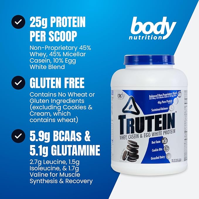 Body Nutrition Trutein High Protein Powder: 45% Whey, 45% Casein, 10% Egg White Protein Shake Mix, Low Sodium, Low Carb Protein Supplement Powder for Men & Women, Cookies & Cream, 4lb
