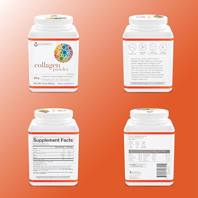Youtheory Collagen Powder - Premium Collagen Supplement with Vitamin C & Biotin - Supports Healthy Hair, Nails, Skin & Joints* - Dairy, Soy & Gluten Free - Unflavored, 10 oz