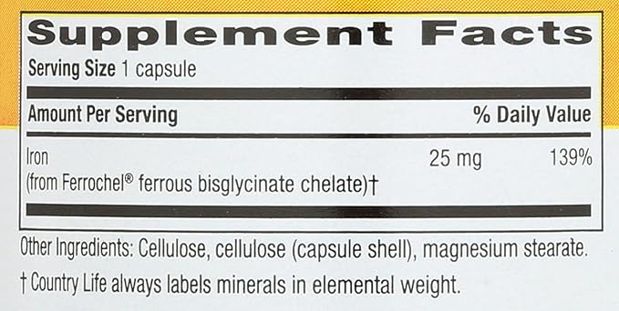 Country Life Easy Iron 25mg Capsules - Gentle Non-Constipating Ferrochel - Vegan Vitamin Supplement for Women & Men - Supports Body Energy - Multivitamin with Iron