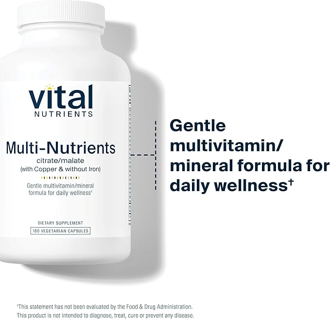Vital Nutrients - Multi-Nutrients 2 - Citrate/Malate Formula (with Copper and Without Iron) - Multi-Vitamin/Mineral, Potent Antioxidants, Gentle Bioavailable Form - 180 Vegetarian Capsules per Bottle