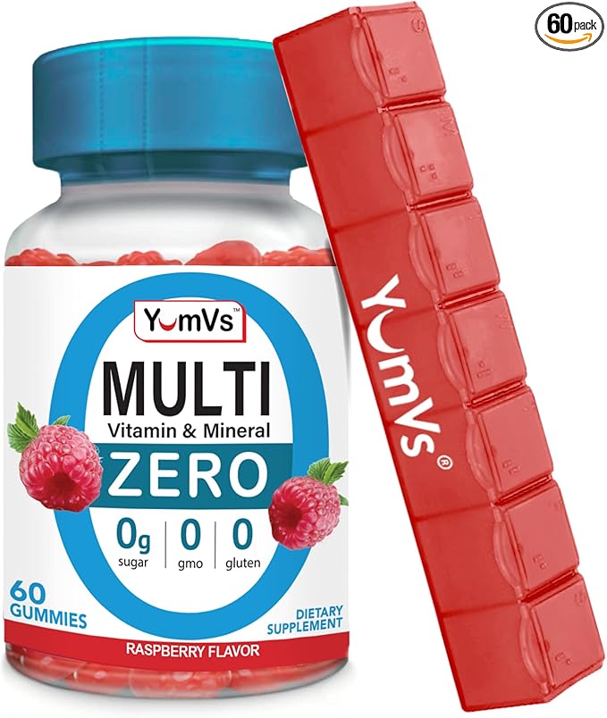 YUM-V'S Multivitamin Zero Gummies by YumVs | Sugar-Free Vitamins Supplement for Women & Men | Chromium, Thiamine, and Magnesium | Natural Raspberry Flavor Chewables - 60 Count - Red Pillbox