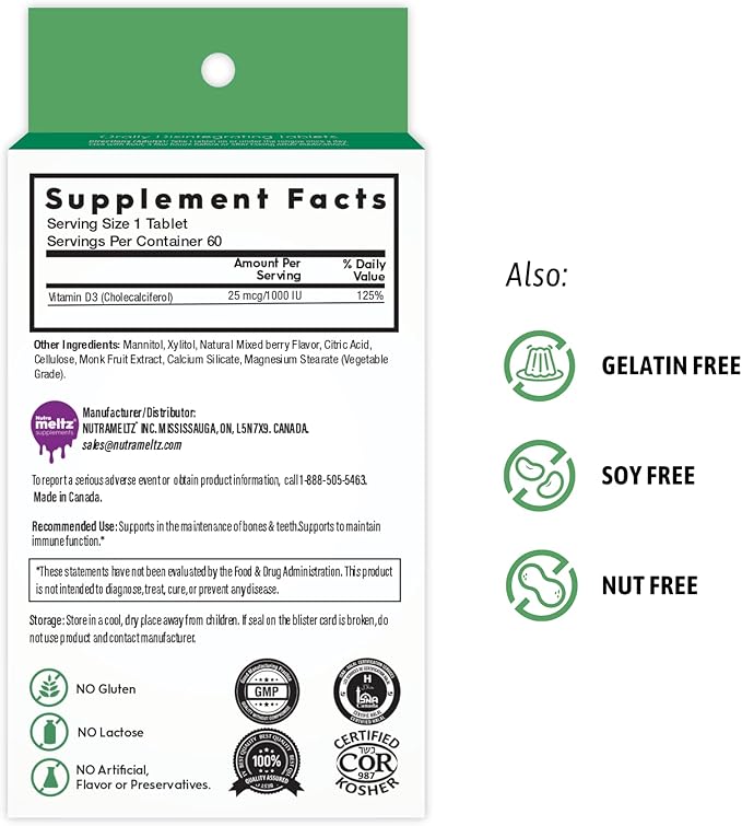 Vitamin D3 1000 IU – Supports Stronger Bones & Teeth, Boost Immunity Vitamins, Prevents Inflammation, Quick Dissolving Tablets, Mouthwatering Mixed Berry Flavor (60 Tablets)