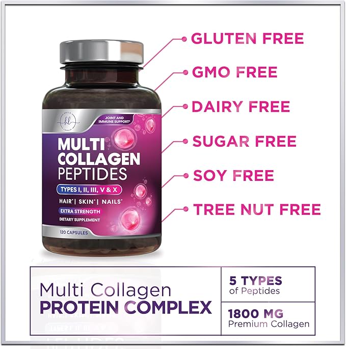 Collagen Peptides Powder Capsules for Women, 1800mg Hydrolyzed Collagen Type I, II, III, V & X, Hair, Nail, Skin, Bone & Joint Support, Collagen for Women & Men, Grass-Fed Collagen - 120 Capsules