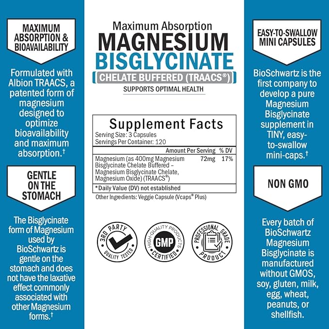 Magnesium Bisglycinate Chelated Supplement - High Absorption Magnesium Supplement for Muscle, Bone & Joint Support, Non-Laxative, Fully Buffered, Non-GMO, Maximum Bioavailability - 360 Capsules