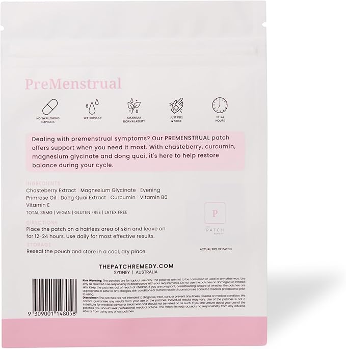 The Patch Remedy PreMenstrual Patch for Women - 30 Topical PMS Period Cycle Patches Containing Chasteberry Extract, Magnesium, Evening Primrose Oil, Dong Quai Extract, Curcumin, Vitamin B6 & E