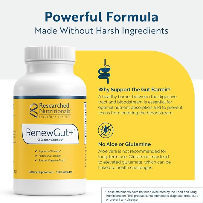 Researched Nutritionals RenewGut+ - GI Complex to Support Gut Lining, Healthy Histamine Levels & Digestive Health - Collagen Peptides, Zinc Carnosine, DGL & N Acetyl Glucosamine (120 Capsules)