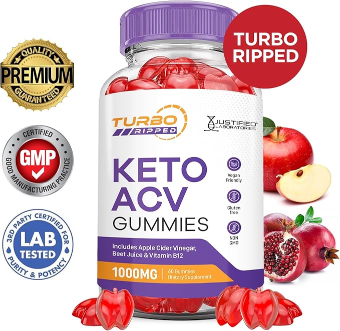 (5 Pack) Turbo Ripped Keto ACV Gummies Advanced Formula 1000MG Turbo Ripped Keto Gummies Apple Cider Vinegar Formulated with Pomegranate Beet Juice Powder B12 Vegan Non GMO 300 Gummys