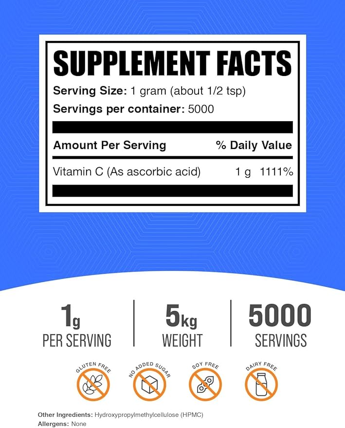 BulkSupplements.com Ascorbic Acid Powder - Vitamin C Supplement, Ascorbic Acid Food Grade - Powdered Vitamin C, Immune Support - Gluten Free, 1g per Serving, 5kg (11 lbs) (Pack of 5)