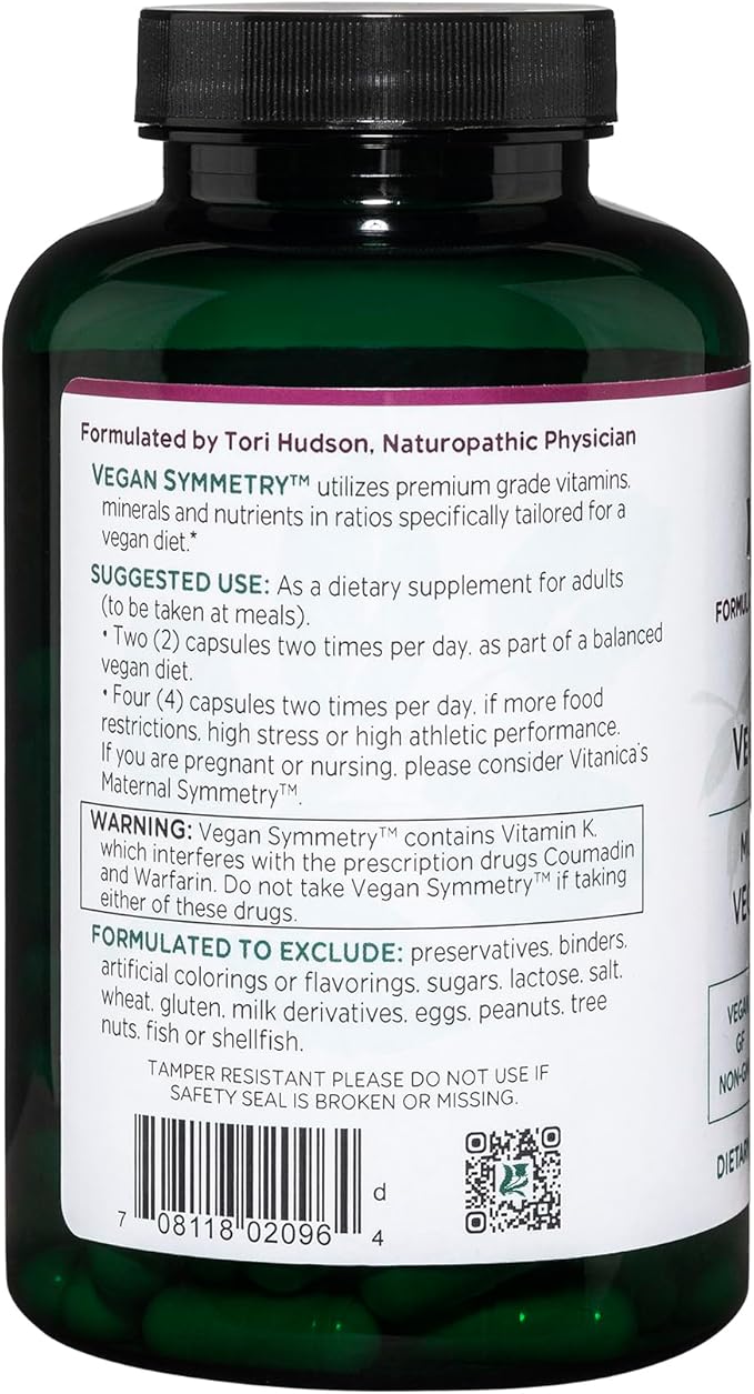 Vitanica Vegan Symmetry, Non-GMO Vegan Multivitamin for Women, Iron Free, Gluten Free, 120 Capsules